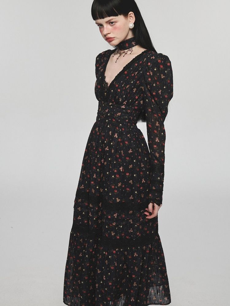 Retro bear floral lace waist long V-neck dresses【s0000004741】