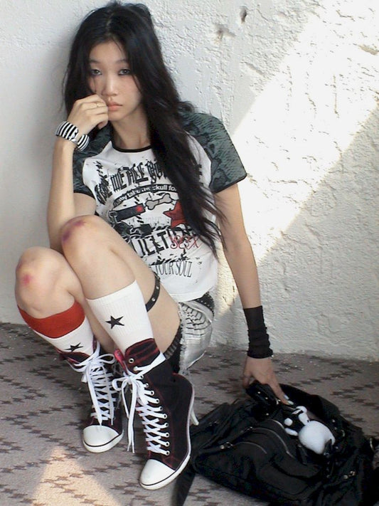 American Vintage Letter Embroidery Knit Short Sleeve T-Shirt【s0000008507】