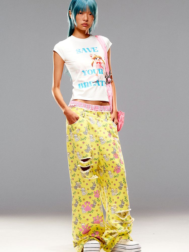 Cat Rabbit Printed Ripped Jeans【s0000008983】