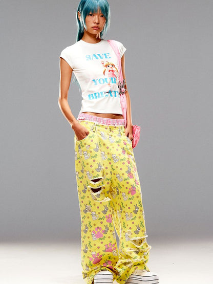 Cat Rabbit Printed Ripped Jeans【s0000008983】