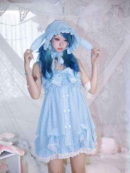 Polka dot strapless dress/chiffon bow jacket