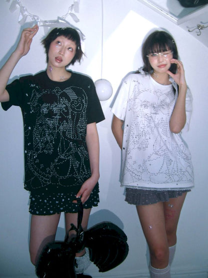Black and white loose lace T-shirt【s0000009271】