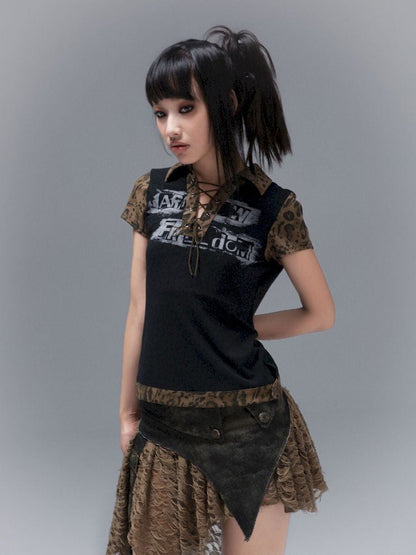 Polo Neck Collision Color Short Sleeve Top【s0000008468】