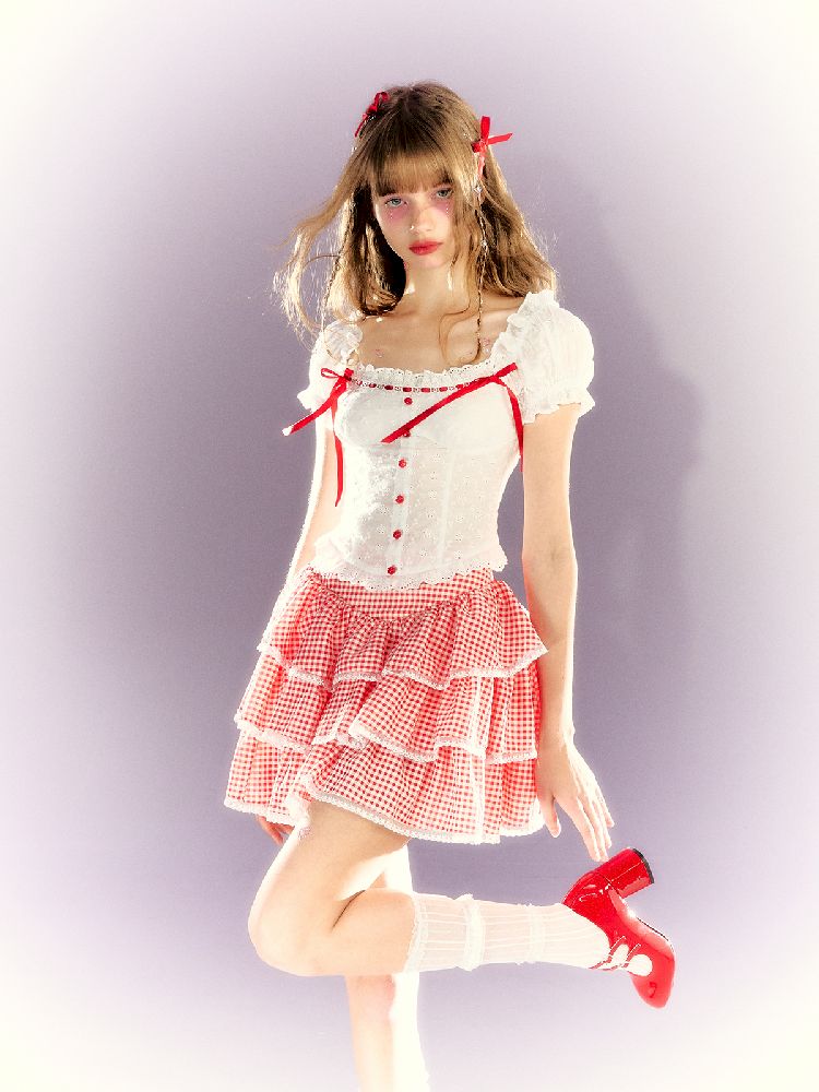 Red and white checkered bow lace set【s0000009315】