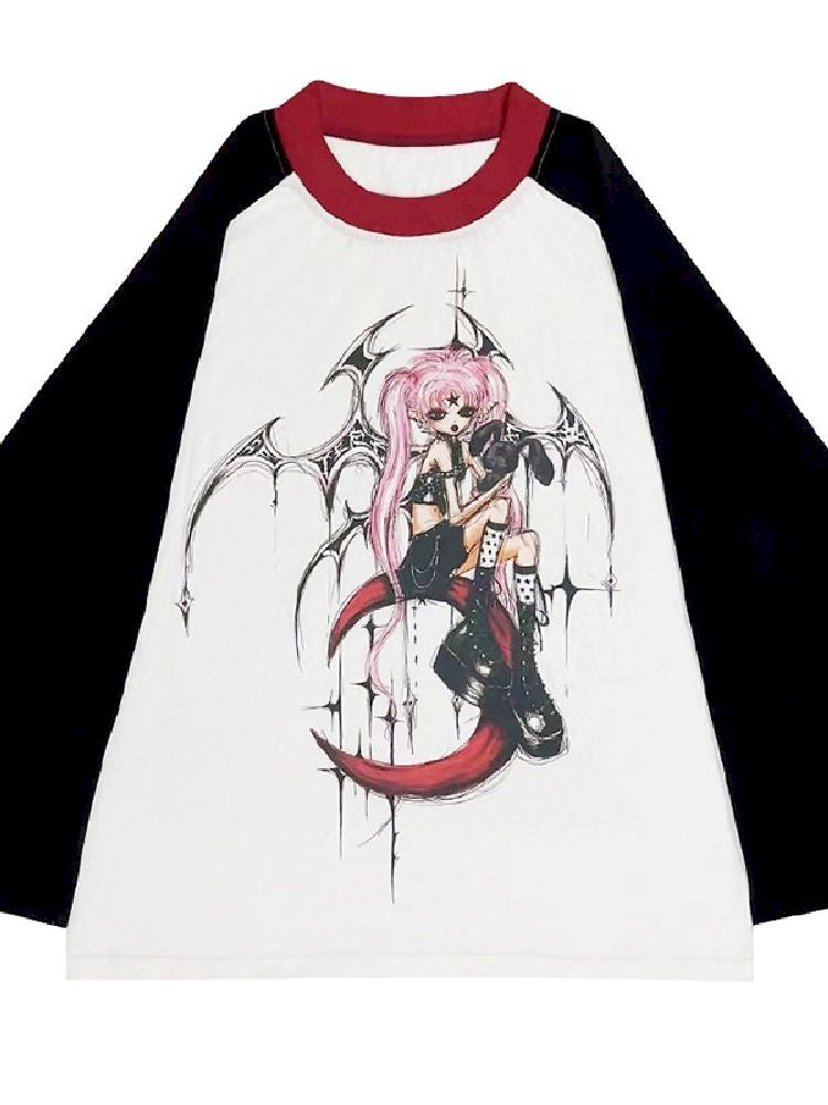 Witch Print T-Shirt with Placket Sleeve【s0000005020】