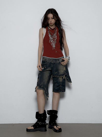 Fake Two Piece Clashing Fringe Patchwork Vest【s0000009389】