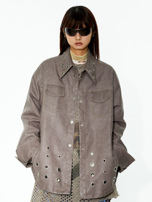 Drop Shoulder Shirt Leather Coat Jacket【s0000006266】