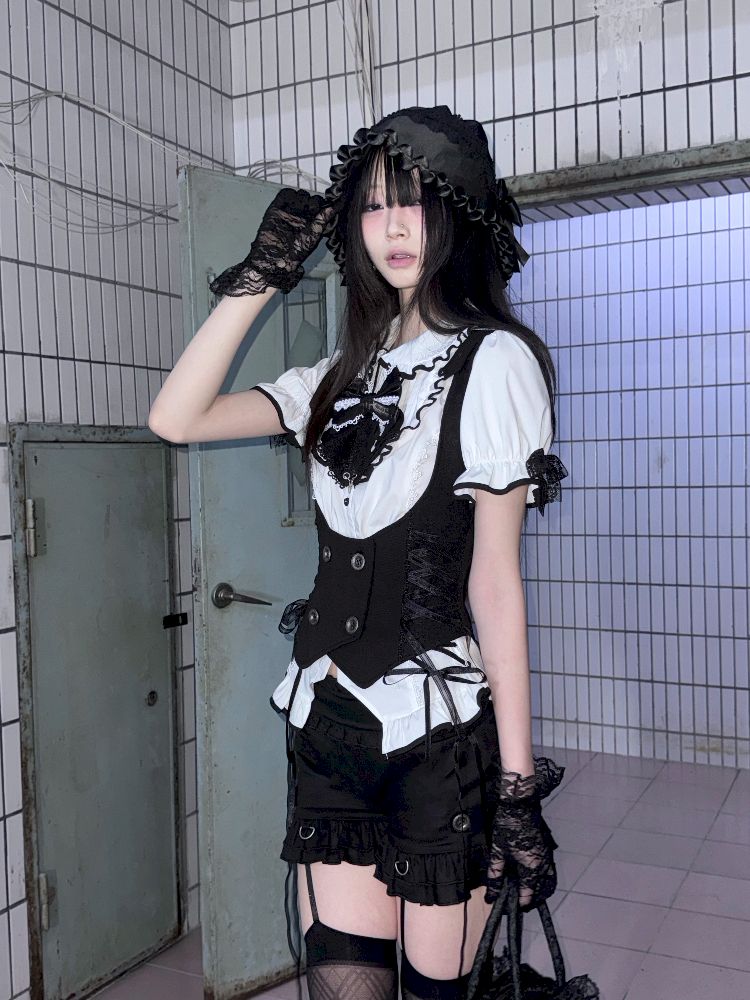 Black Vest Lace Shorts Set【s0000012021】