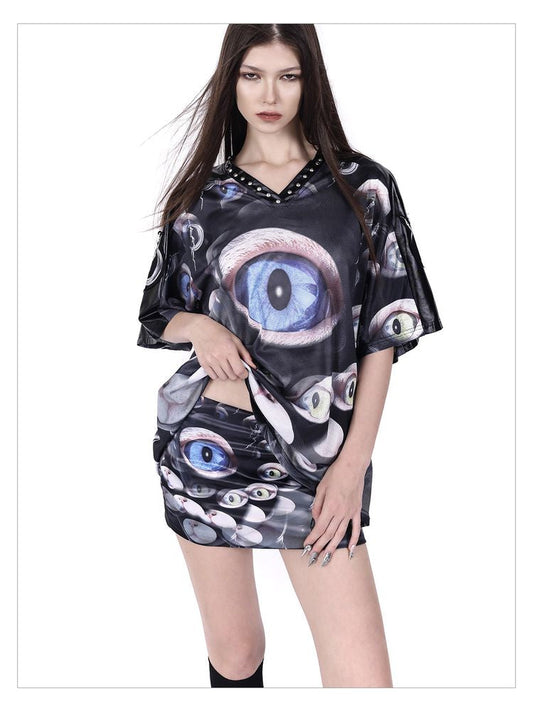 V-Neck Patchwork Loose Short Sleeve【s0000009396】