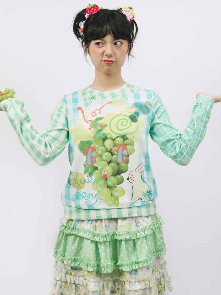 Plaid Grape Print Cute Long Sleeve T-Shirt【s0000009908】