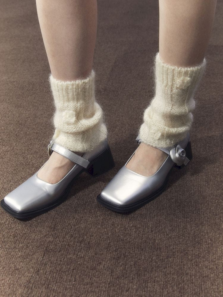 Silver Camellia Square Toe Mary Jane Leather Shoes【s0000006664】