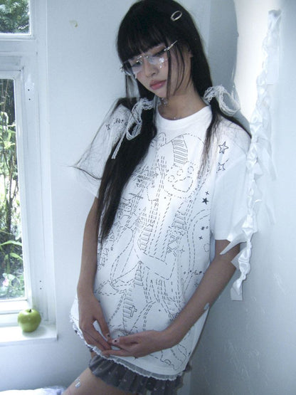 Black and white loose lace T-shirt【s0000009271】