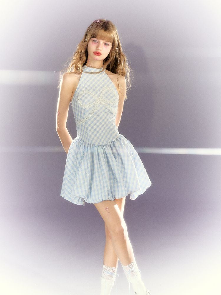 Plaid Pearl Bow Waisted Short Dress【s0000009318】