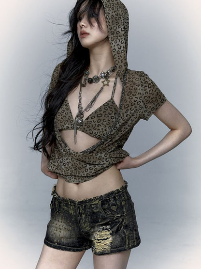 Metallic Leopard Mesh Hooded Hottie Short Sleeve T-Shirt【s0000008998】