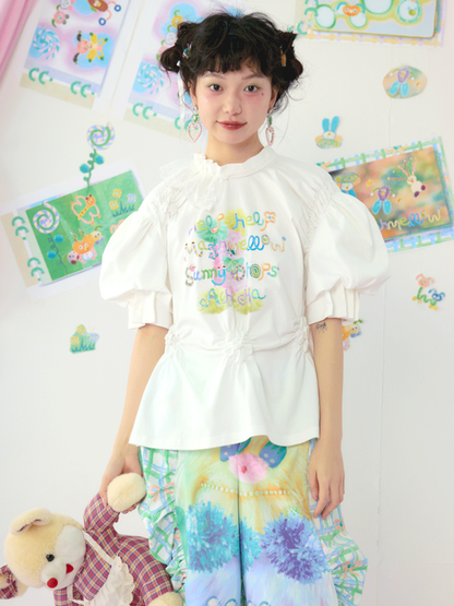 Lace Drawstring Bubble Sleeve White Tee【s0000009080】