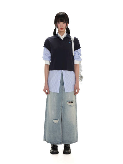 Butterfly M Embroidery Hole Breaking Short Sleeve Polo Shirt【s0000008659】