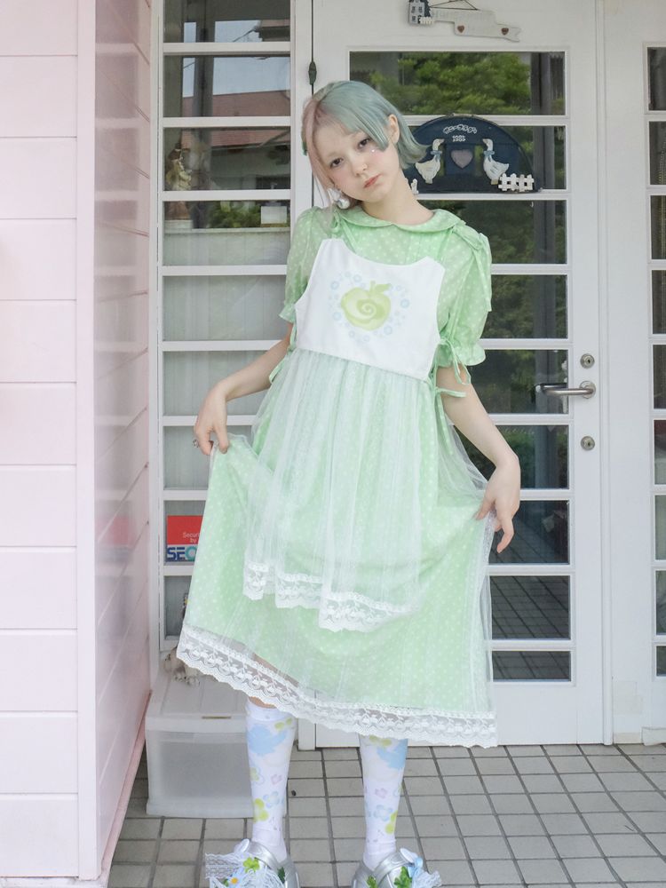 Doll Neck Green Polka Dot Cute Girls Dress【s0000009083】