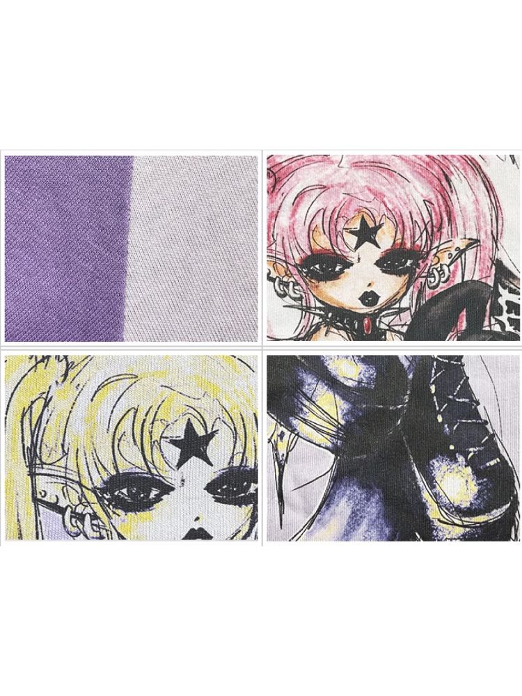 Witch Print T-Shirt with Placket Sleeve【s0000005020】