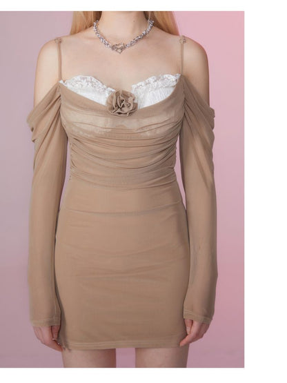 Shrink Pleated Slim Strapless Mesh Dress【s0000007858】