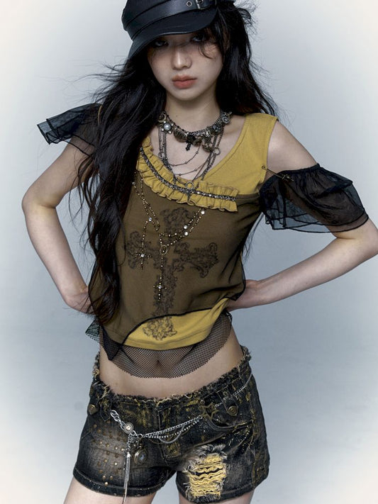 mesh rhinestone printed short-sleeved T-shirt