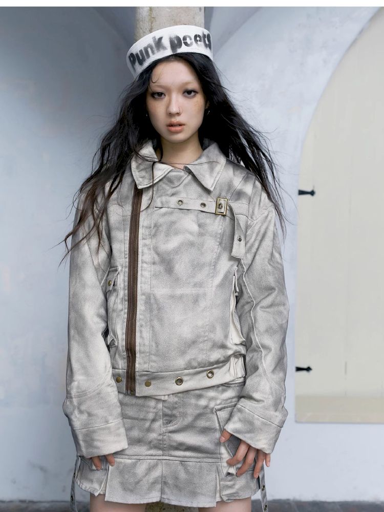 Skinny Dirty Wash Workwear Pleated Half Skirt【s0000005238】