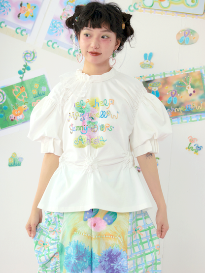 Lace Drawstring Bubble Sleeve White Tee【s0000009080】