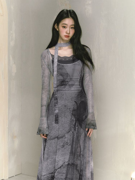 Butterfly Print Lace Halter Dress【s0000009598】