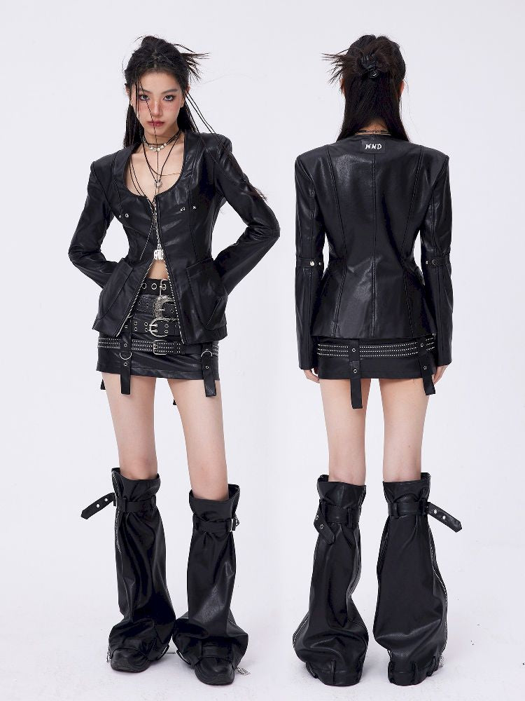 Studded Leather Jacket Short Skirt Leg Wrap Set【s0000004770】