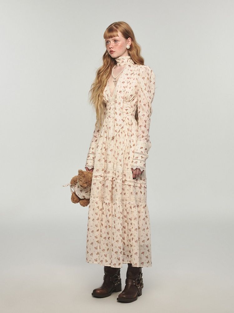 Retro bear floral lace waist long V-neck dresses【s0000004741】
