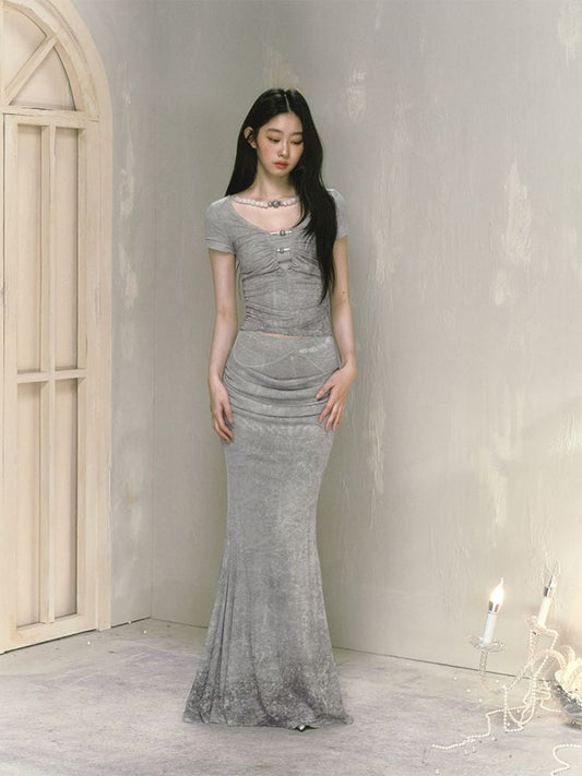 Printed draped a-line long half-body skirt【s0000009597】