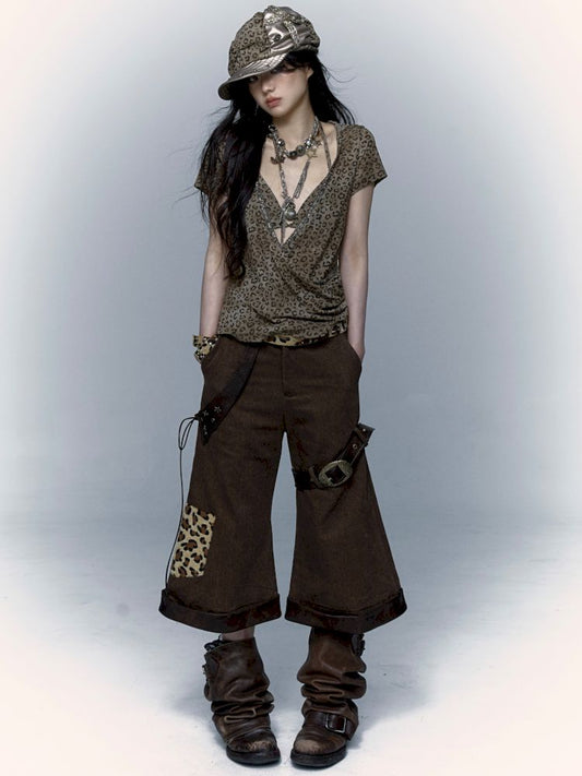 Leopard Leather Loose Low Waist Contour Seven Pants [s0000008405]