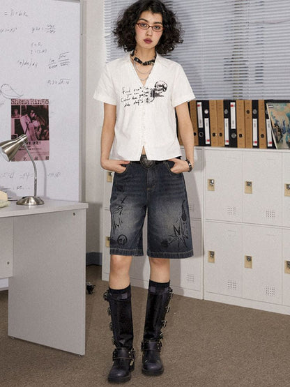 Printed Pinch Pleat Positive Shoulder Short Sleeve Shirt【s0000008834】