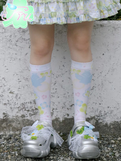 Angel Print White Mid Calf Socks【s0000009081】