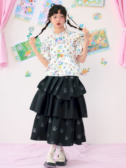 Satin Colour Print Short Bubble Sleeve Shirt【s0000009540】