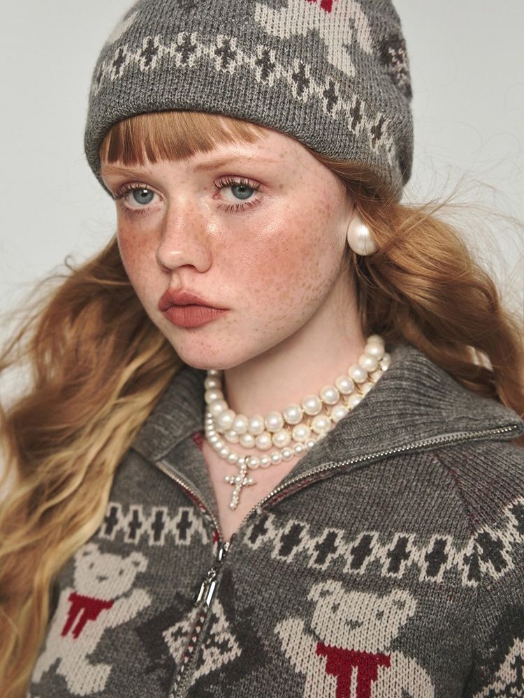 Niche retro jacquard bear knit cap【s0000004736】