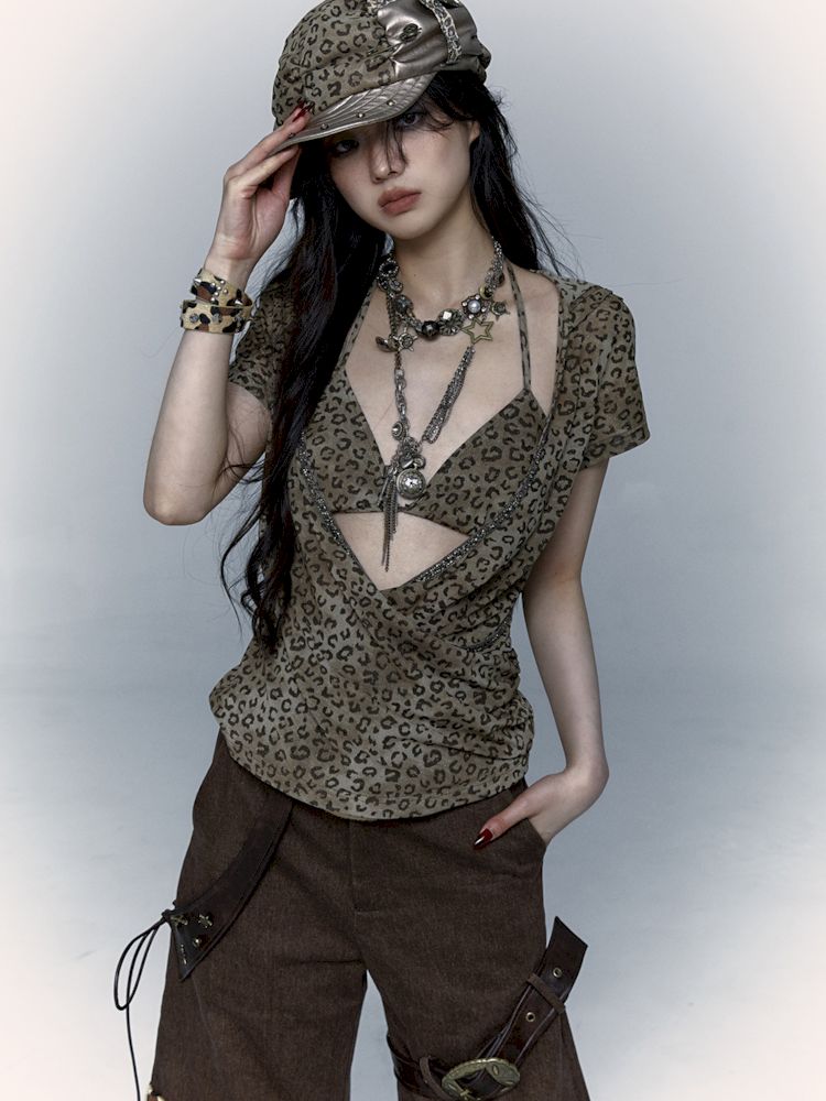 Metallic Leopard Mesh Hooded Hottie Short Sleeve T-Shirt【s0000008998】