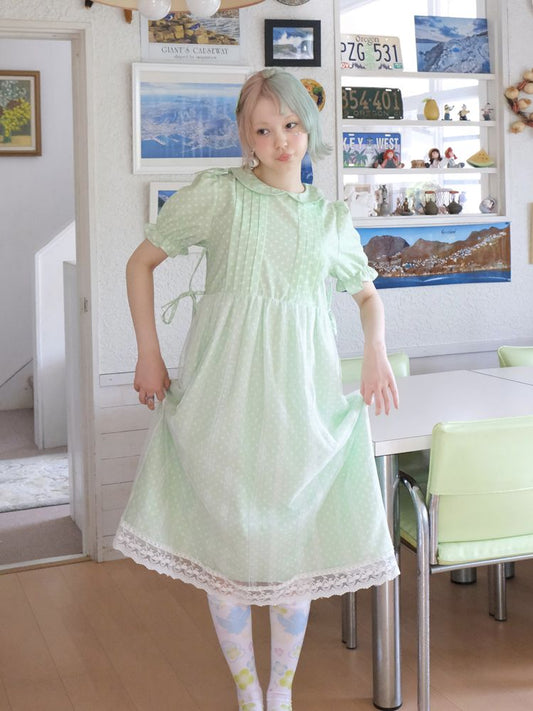 Doll Neck Green Polka Dot Cute Girls Dress【s0000009083】