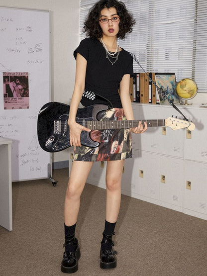 Round Lace Neck Jacquard Pleated Short Sleeve T-Shirt【s0000008850】