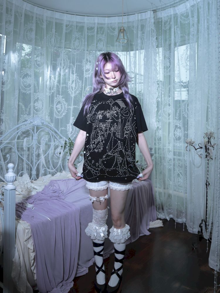 Black and white loose lace T-shirt【s0000009271】