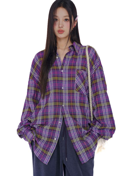 Lazy wind yellow and purple plaid shirt【s0000008591】