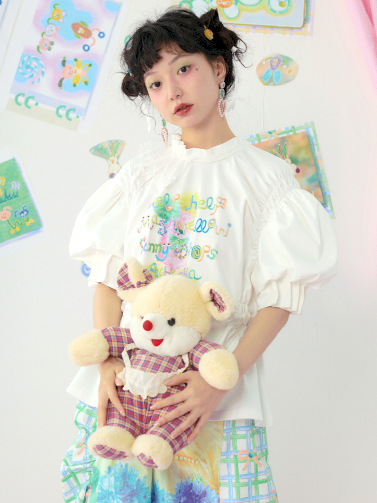 Lace Drawstring Bubble Sleeve White Tee【s0000009080】