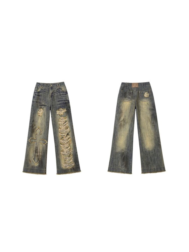 Washed ripped holes loose wide leg jeans【s0000009756】