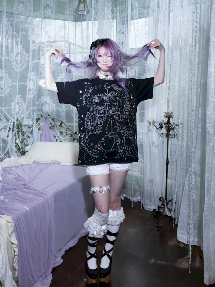 Black and white loose lace T-shirt【s0000009271】