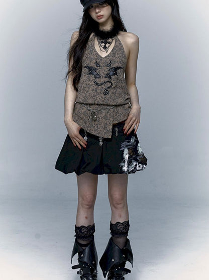 Embroidered Leopard Print Hanging Neck Vest Camisole【s0000009009】