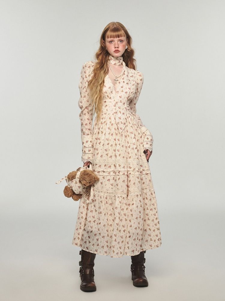 Retro bear floral lace waist long V-neck dresses【s0000004741】