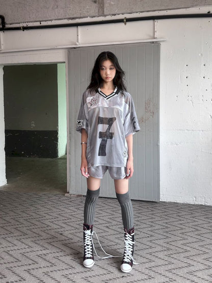 Satin Patchwork Street Oversize Jersey T-Shirt【s0000008498】