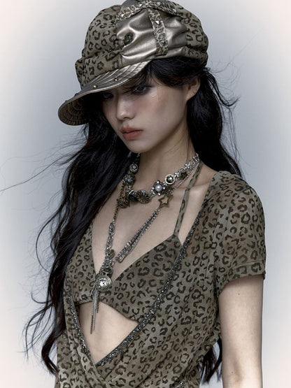 Punk Leopard Print Splicing Rivets Beret【s0000008999】