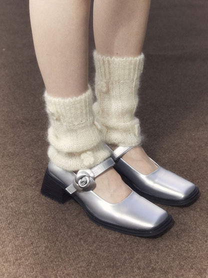 Silver Camellia Square Toe Mary Jane Leather Shoes【s0000006664】