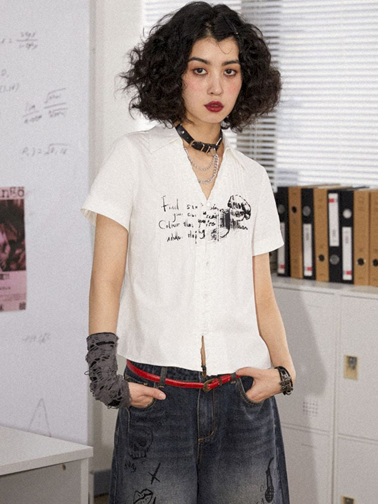 Printed Pinch Pleat Positive Shoulder Short Sleeve Shirt【s0000008834】