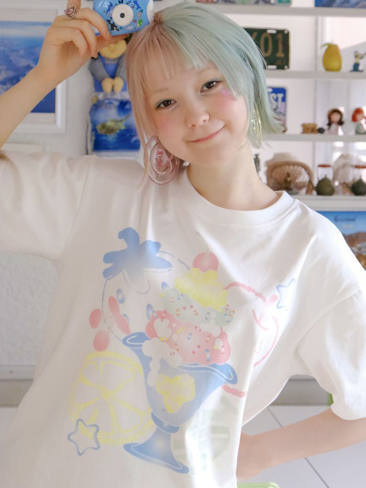 White Cartoon Printed Girls Short Sleeve T-Shirt【s0000009089】